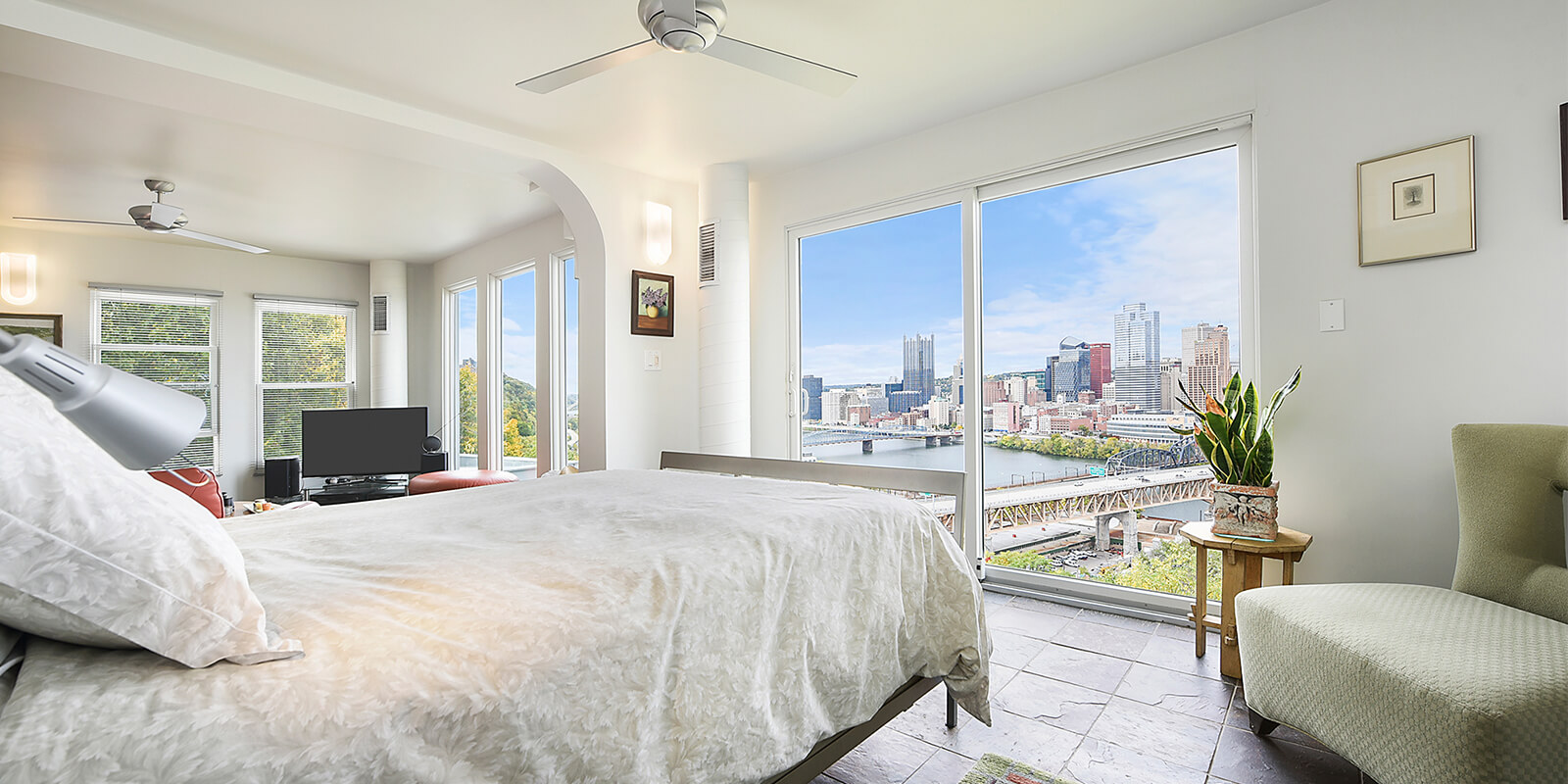 master's bedroom with city view of Pittsburgh